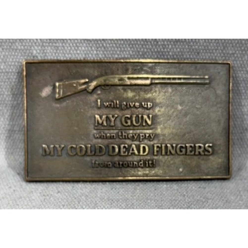 Vintage Cold Dead Fingers Shotgun Belt Buckle Brass Tone 2nd Amendment Statement
